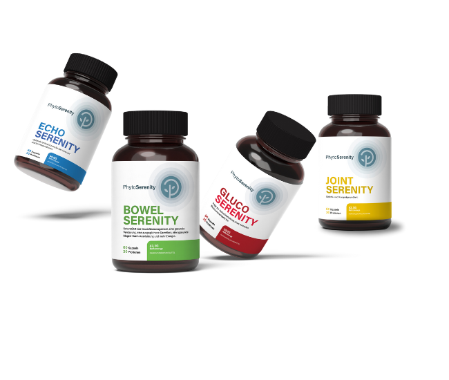 Vier gezondheidsproducten “Bowel Serenity”, “Joint Serenity”, “Gluco Serenity” en “Echo Serenity” naast elkaar op een transparante achtergrond.